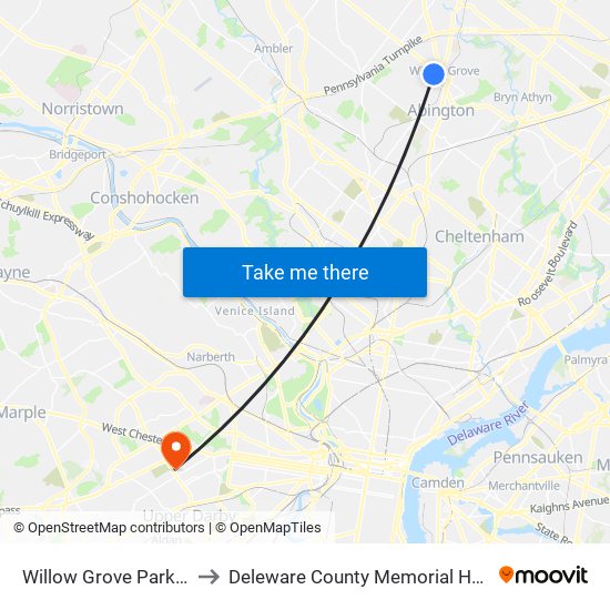 Willow Grove Park Mall to Deleware County Memorial Hospital map