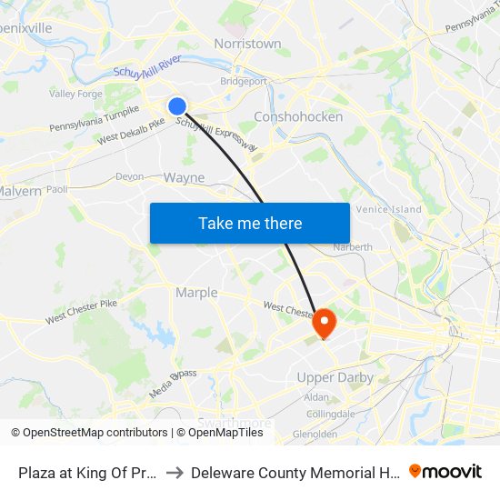 Plaza at King Of Prussia to Deleware County Memorial Hospital map