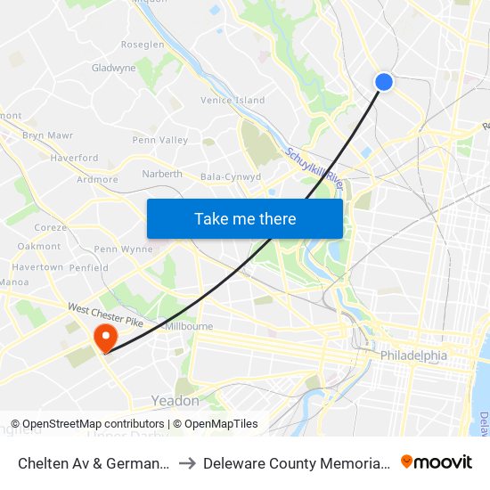 Chelten Av & Germantown Av to Deleware County Memorial Hospital map