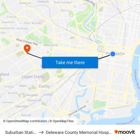 Suburban Station to Deleware County Memorial Hospital map