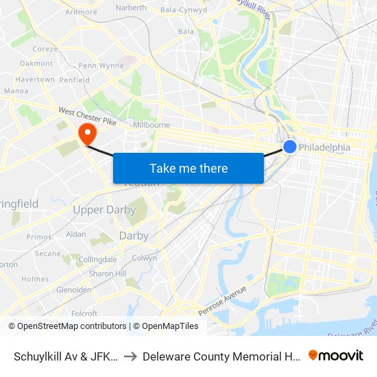 Schuylkill Av & JFK Blvd to Deleware County Memorial Hospital map