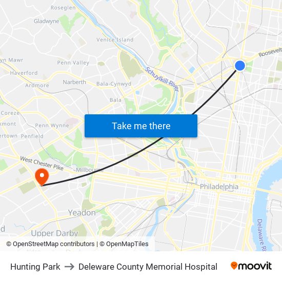 Hunting Park to Deleware County Memorial Hospital map