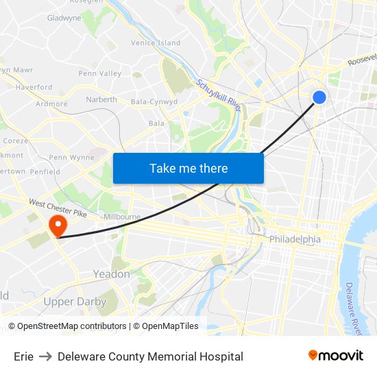 Erie to Deleware County Memorial Hospital map