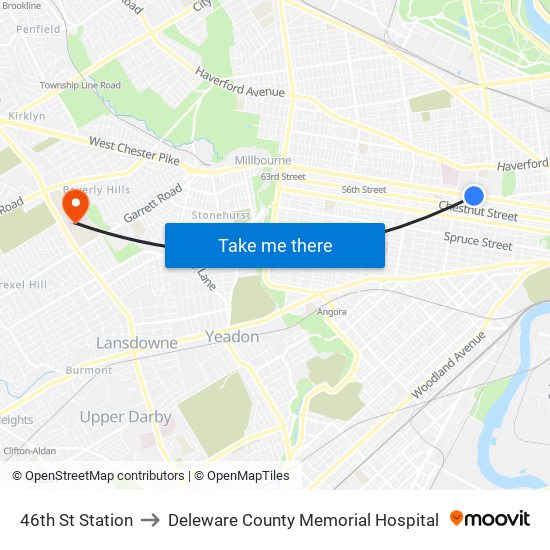 46th St Station to Deleware County Memorial Hospital map