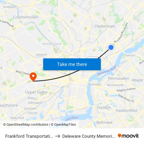 Frankford Transportation Center to Deleware County Memorial Hospital map