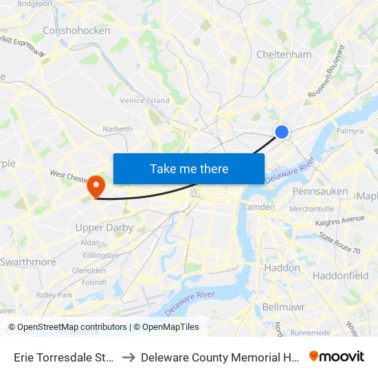 Erie Torresdale Station to Deleware County Memorial Hospital map