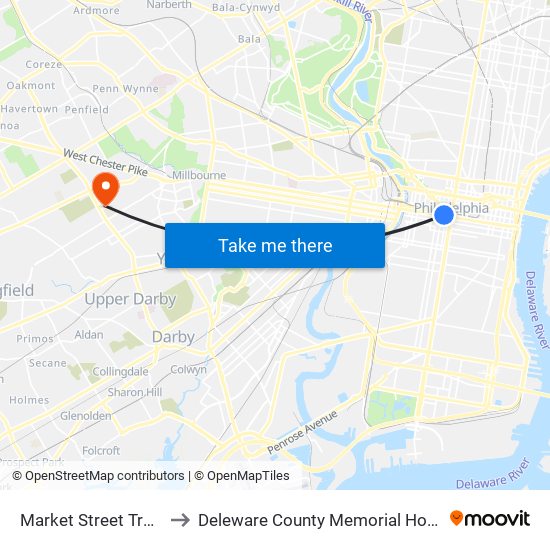 Market Street Trolley to Deleware County Memorial Hospital map