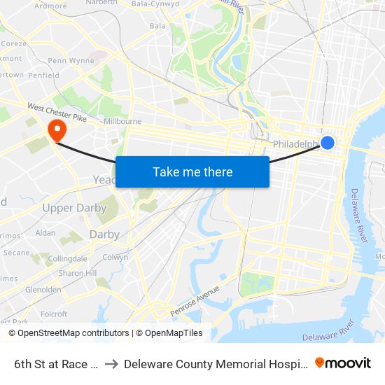 6th St at Race St to Deleware County Memorial Hospital map