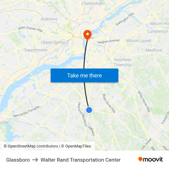 Glassboro to Walter Rand Transportation Center map