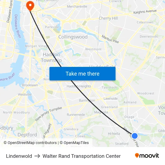 Lindenwold to Walter Rand Transportation Center map