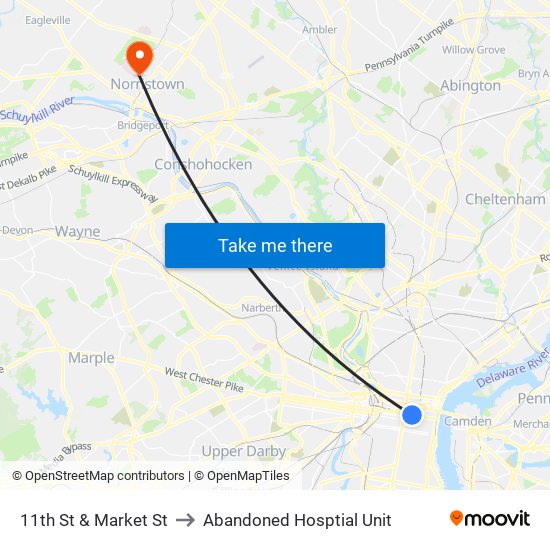 11th St & Market St to Abandoned Hosptial Unit map