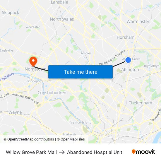 Willow Grove Park Mall to Abandoned Hosptial Unit map