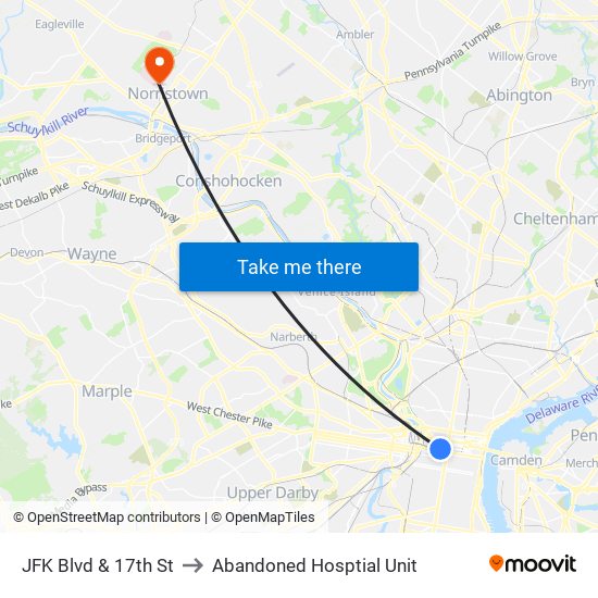 JFK Blvd & 17th St to Abandoned Hosptial Unit map