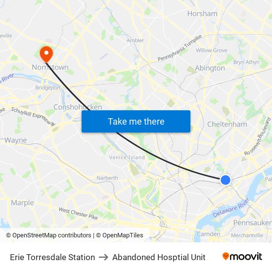 Erie Torresdale Station to Abandoned Hosptial Unit map