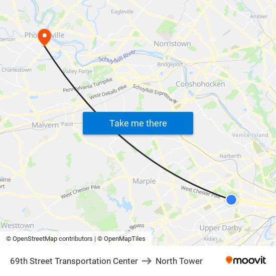 69th Street Transportation Center to North Tower map