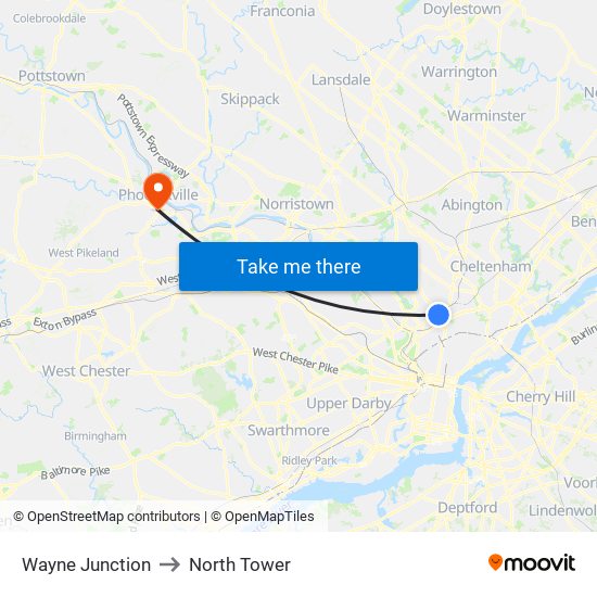 Wayne Junction to North Tower map