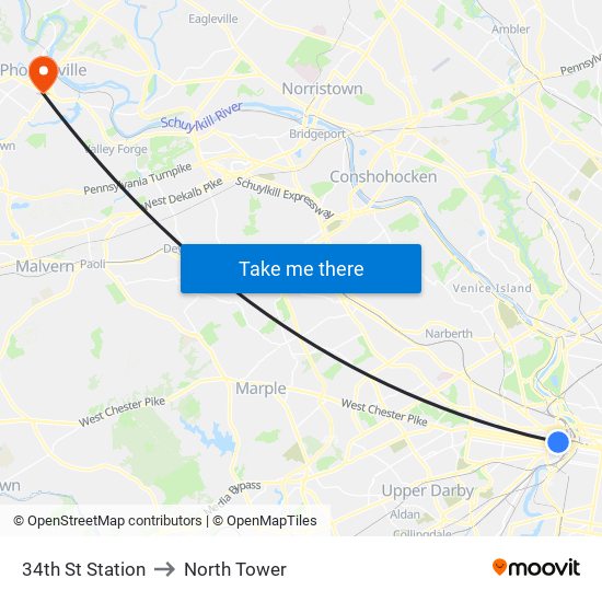 34th St Station to North Tower map