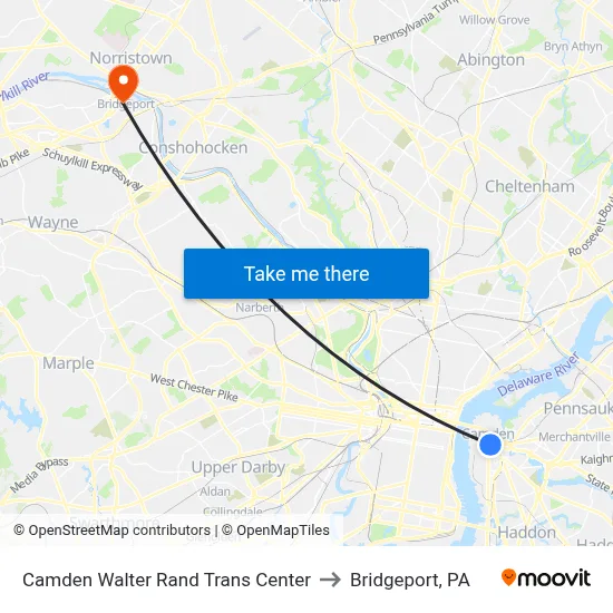 Camden Walter Rand Trans Center to Bridgeport, PA map