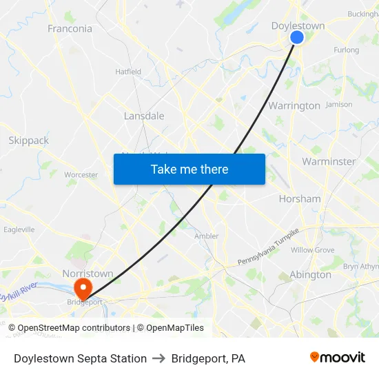 Doylestown Septa Station to Bridgeport, PA map