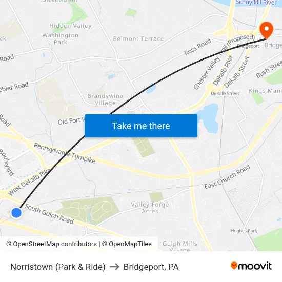 Norristown (Park & Ride) to Bridgeport, PA map