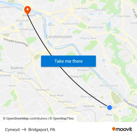 Cynwyd to Bridgeport, PA map