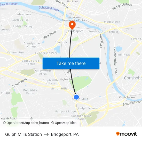 Gulph Mills Station to Bridgeport, PA map