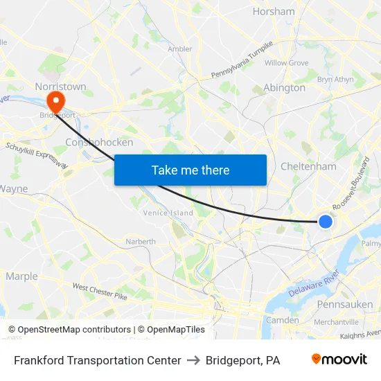 Frankford Transportation Center to Bridgeport, PA map