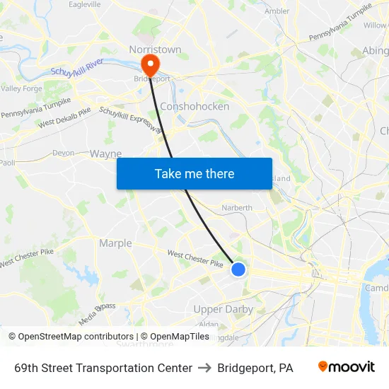69th Street Transportation Center to Bridgeport, PA map