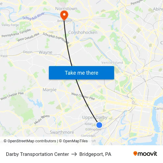 Darby Transportation Center to Bridgeport, PA map
