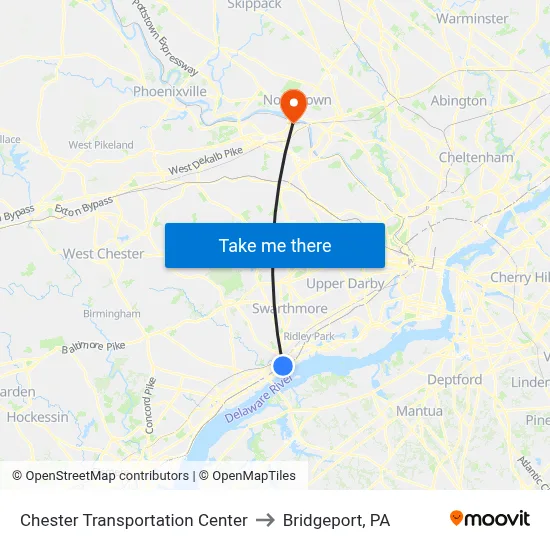 Chester Transportation Center to Bridgeport, PA map
