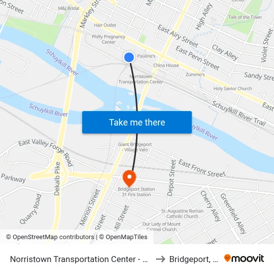 Norristown Transportation Center - Nhsl to Bridgeport, PA map