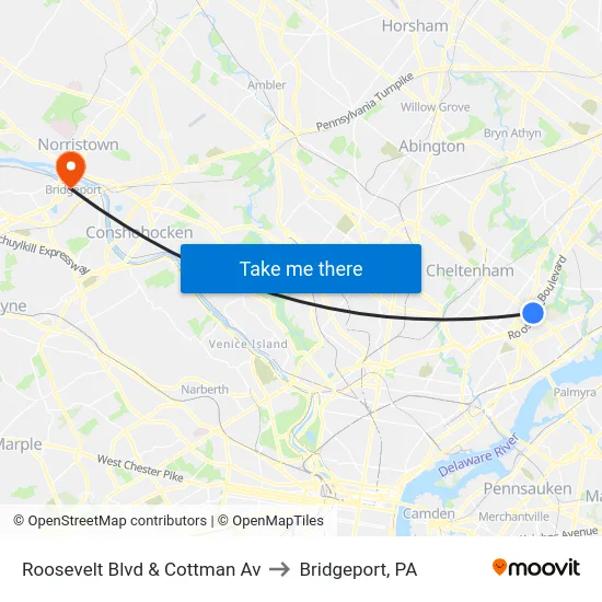 Roosevelt Blvd & Cottman Av to Bridgeport, PA map