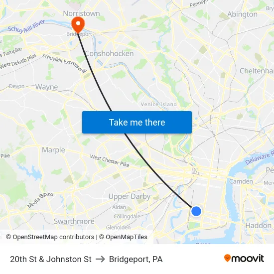 20th St & Johnston St to Bridgeport, PA map
