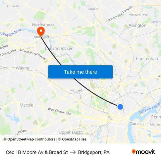 Cecil B Moore Av & Broad St to Bridgeport, PA map