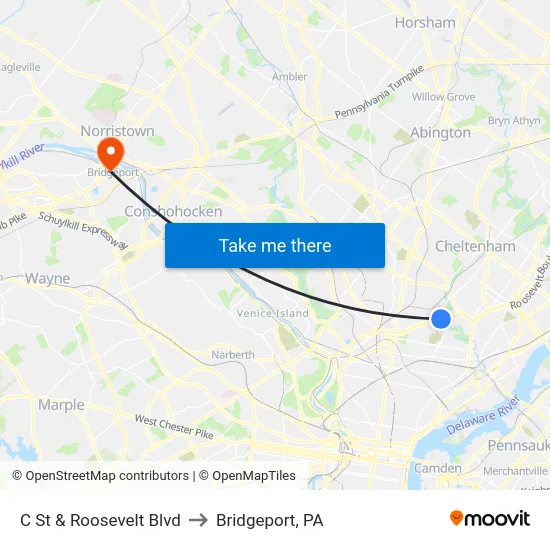 C St & Roosevelt Blvd to Bridgeport, PA map