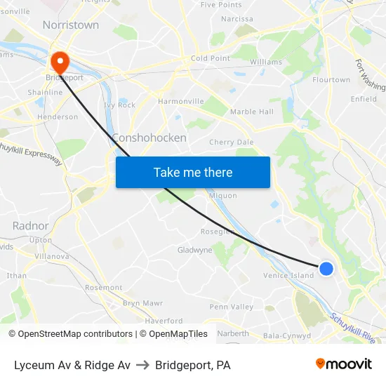 Lyceum Av & Ridge Av to Bridgeport, PA map