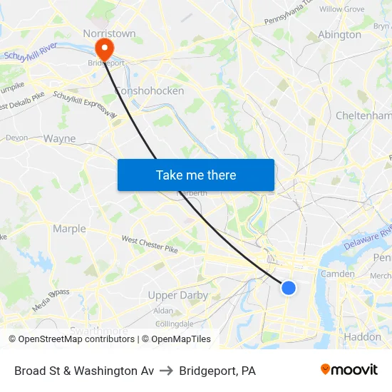 Broad St & Washington Av to Bridgeport, PA map