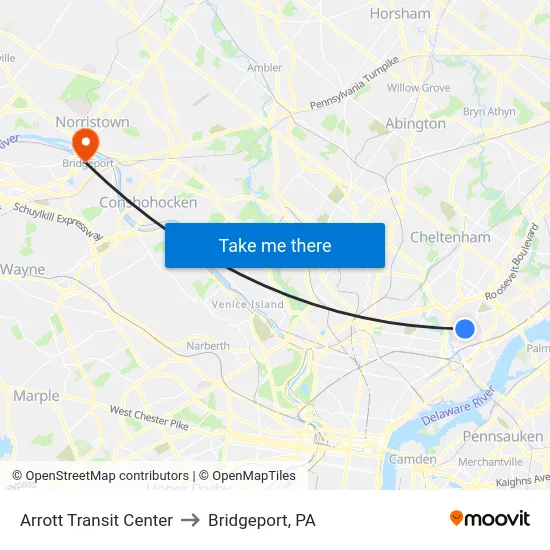 Arrott Transit Center to Bridgeport, PA map