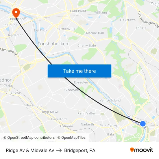 Ridge Av & Midvale Av to Bridgeport, PA map