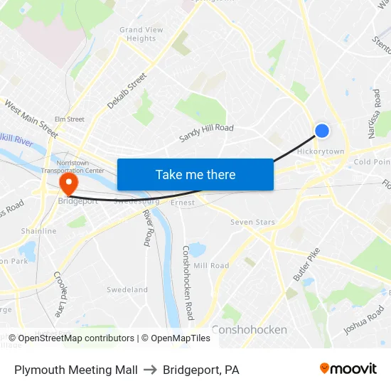 Plymouth Meeting Mall to Bridgeport, PA map