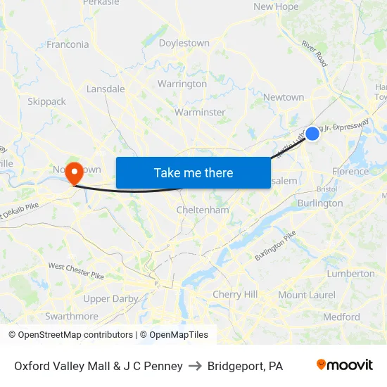 Oxford Valley Mall & J C Penney to Bridgeport, PA map