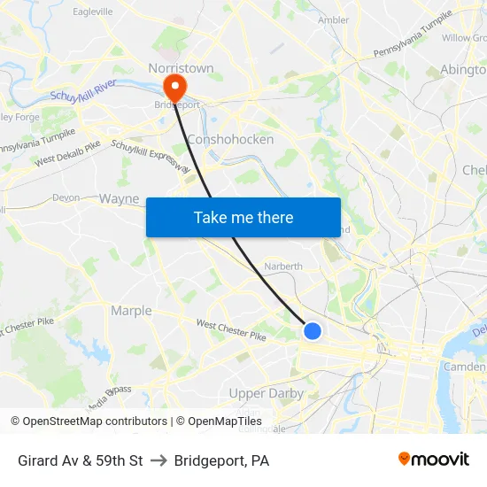 Girard Av & 59th St to Bridgeport, PA map