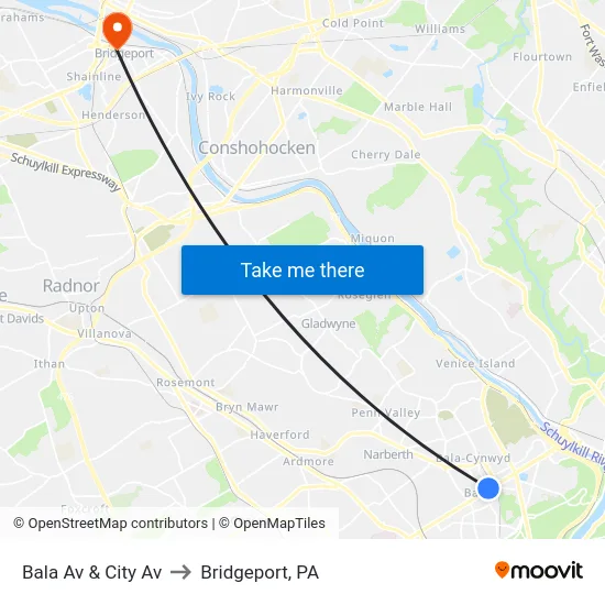 Bala Av & City Av to Bridgeport, PA map