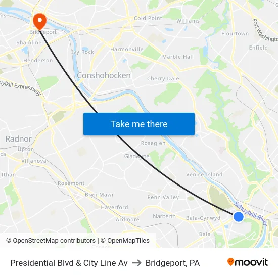 Presidential Blvd & City Line Av to Bridgeport, PA map