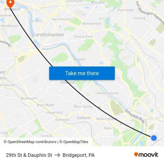 29th St & Dauphin St to Bridgeport, PA map