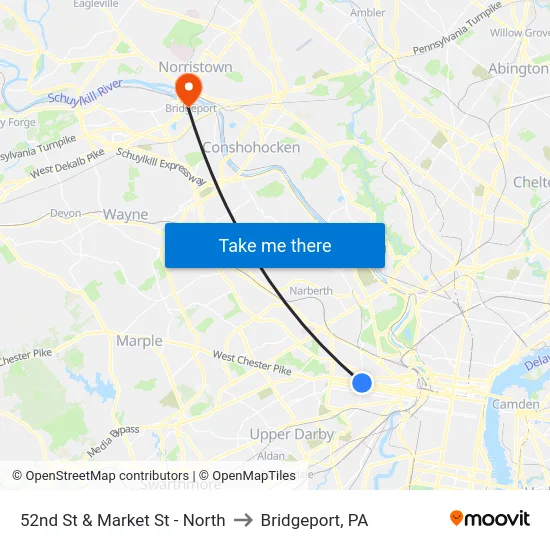 52nd St & Market St - North to Bridgeport, PA map