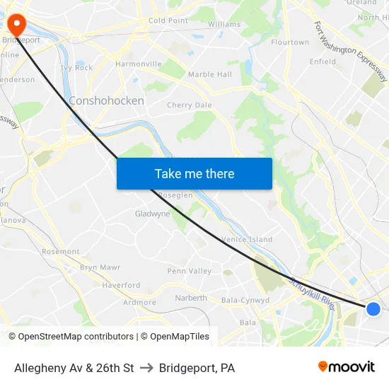 Allegheny Av & 26th St to Bridgeport, PA map
