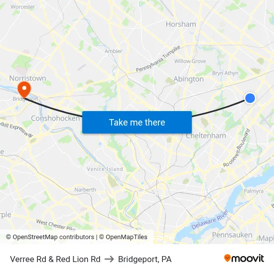 Verree Rd & Red Lion Rd to Bridgeport, PA map