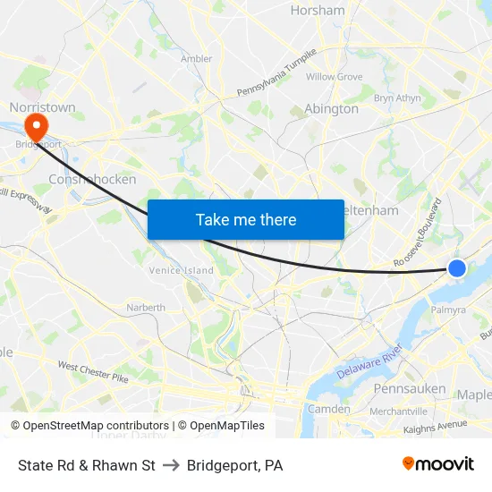 State Rd & Rhawn St to Bridgeport, PA map