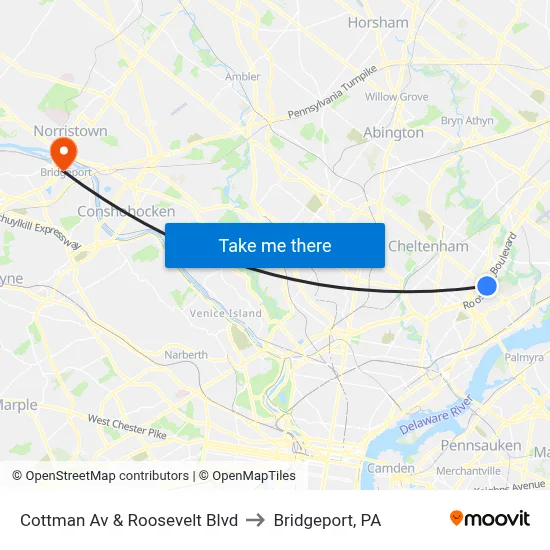 Cottman Av & Roosevelt Blvd to Bridgeport, PA map